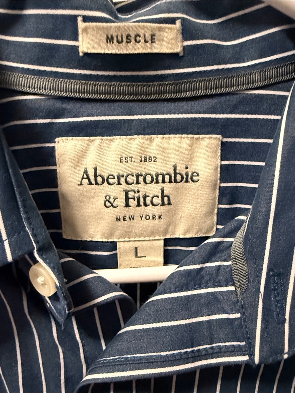Abercrombie & Fitch Men's Navy and White Vertical Stripe Dress Shirt - Picture 2 of 4